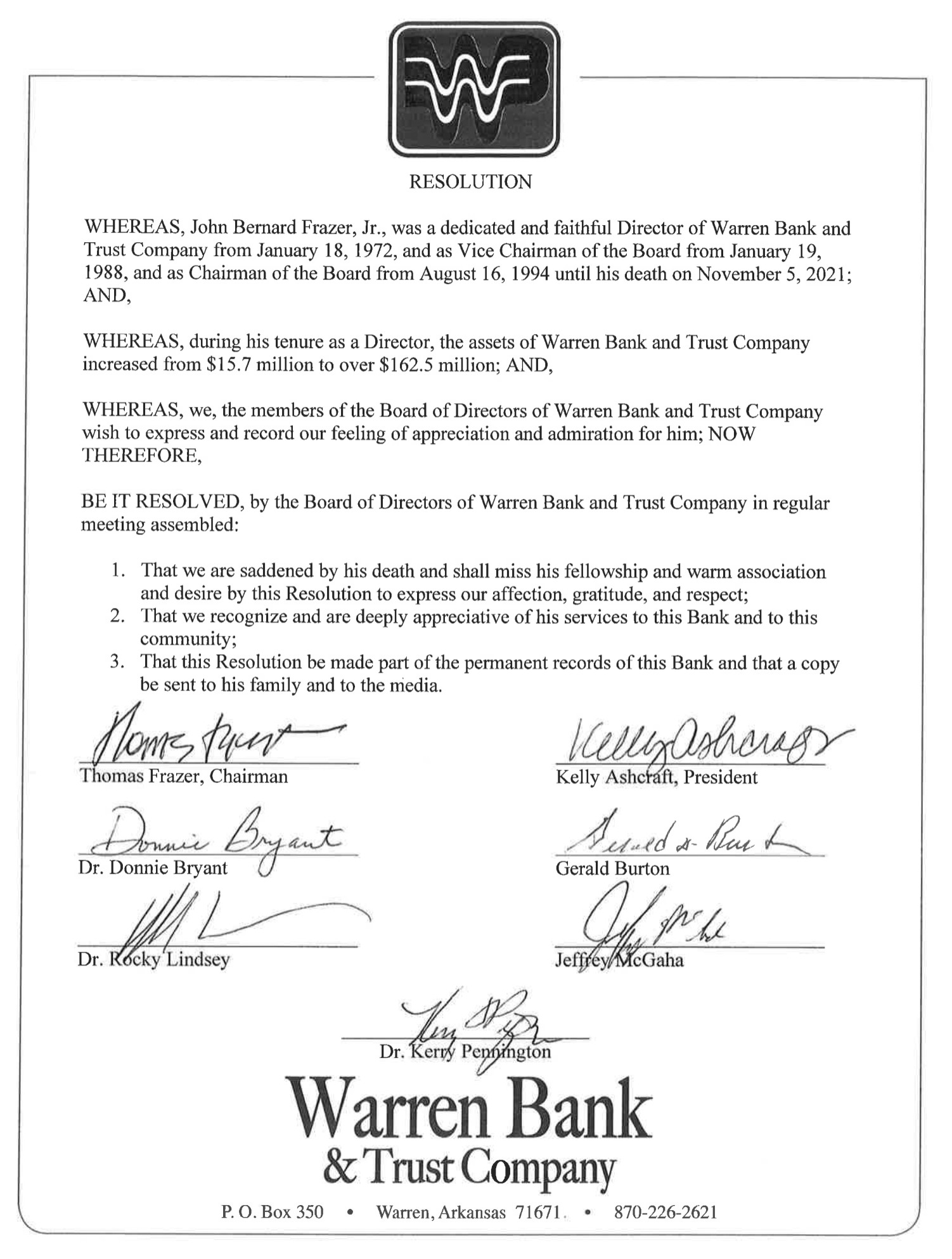 A signed document with the names of three people.