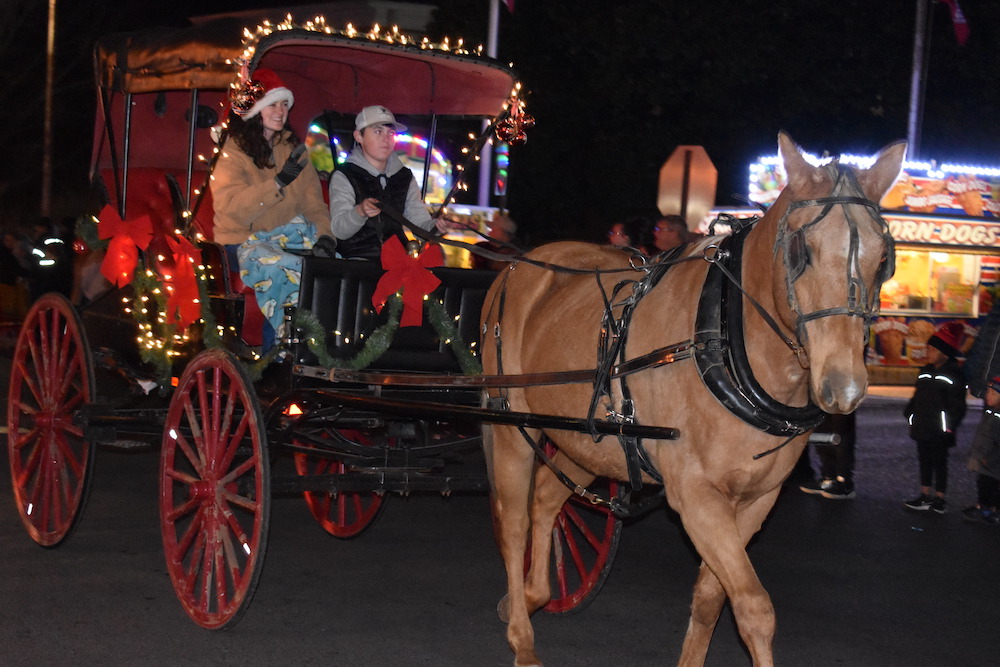 A horse drawn carriage with people in it.