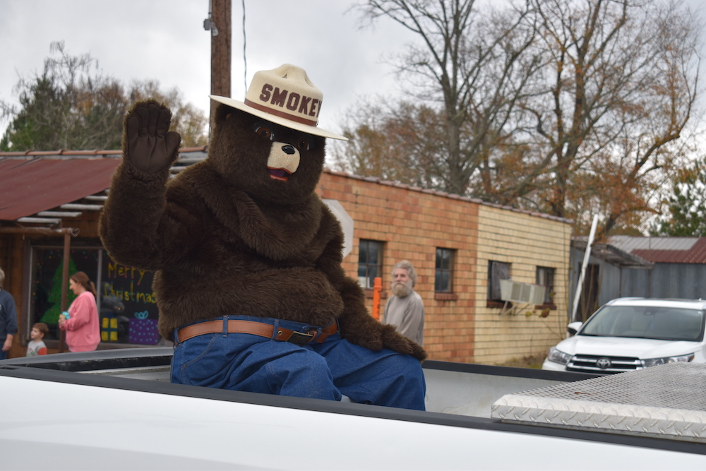 A person in a bear costume waving from the hood of a car.