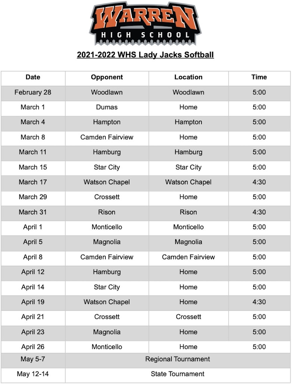 A table with the dates of each softball game.