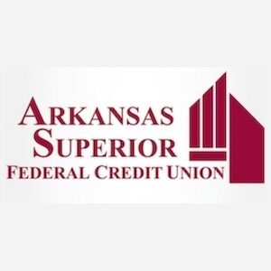 A red and white logo for arkansas superior federal credit union.
