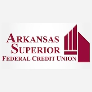 A red and white logo for arkansas superior federal credit union.