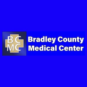 A blue background with the words bradley county medical center in white.