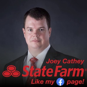 A man in suit and tie with the state farm logo.