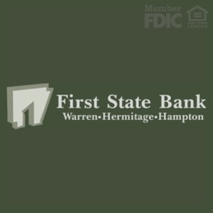 A green background with the words first state bank in white.