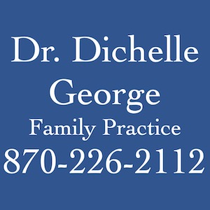 A blue background with white lettering that says dr. Dichelle george family practice 8 7 0-2 2 6-2 1 1 2