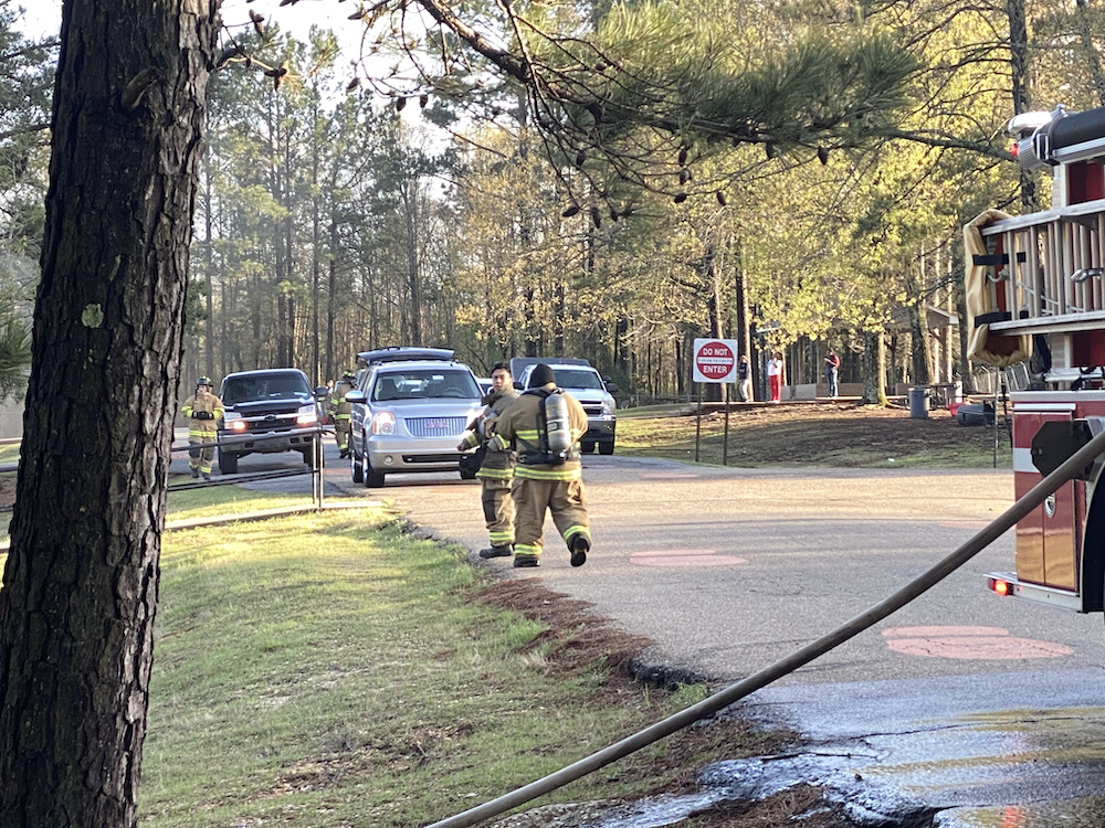 A fire fighter is standing next to a tree.