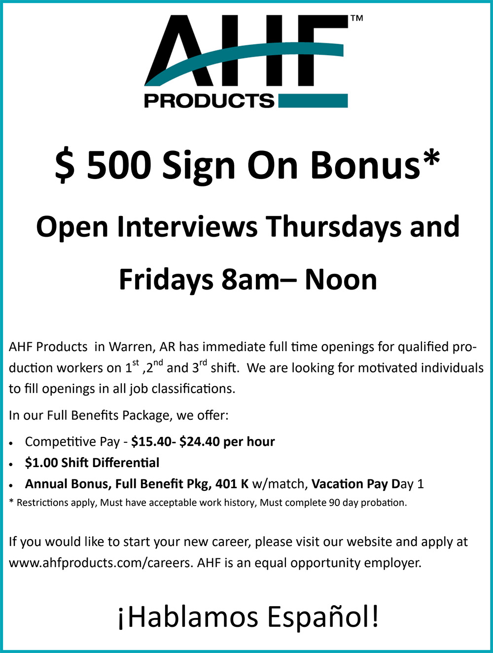 A flyer advertising an open interviews for all of the positions.