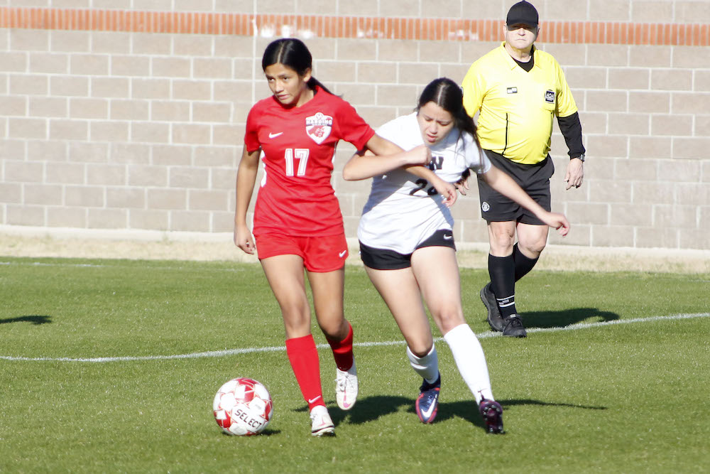Two girls are playing soccer on a field.