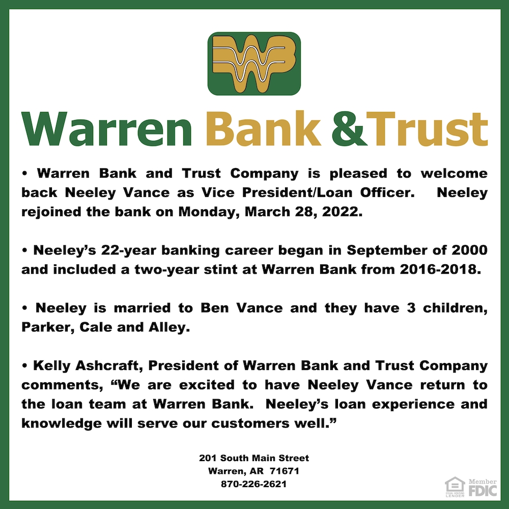 A poster advertising the warren bank and trust company.