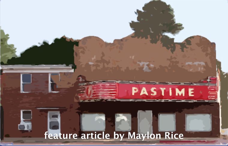 A painting of the pastime store in the background.