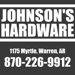A black and white logo for johnson 's hardware.