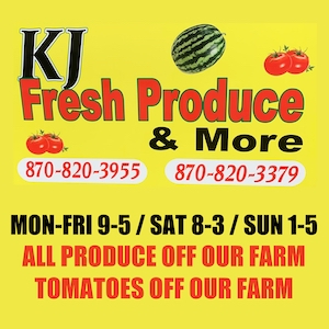 A sign that says " kj fresh produce & more ".