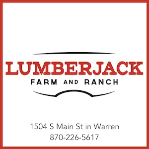 A red and white logo for lumberjack farm and ranch.