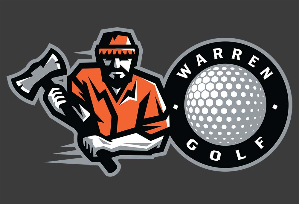 A logo of a man holding a wrench and a golf ball.