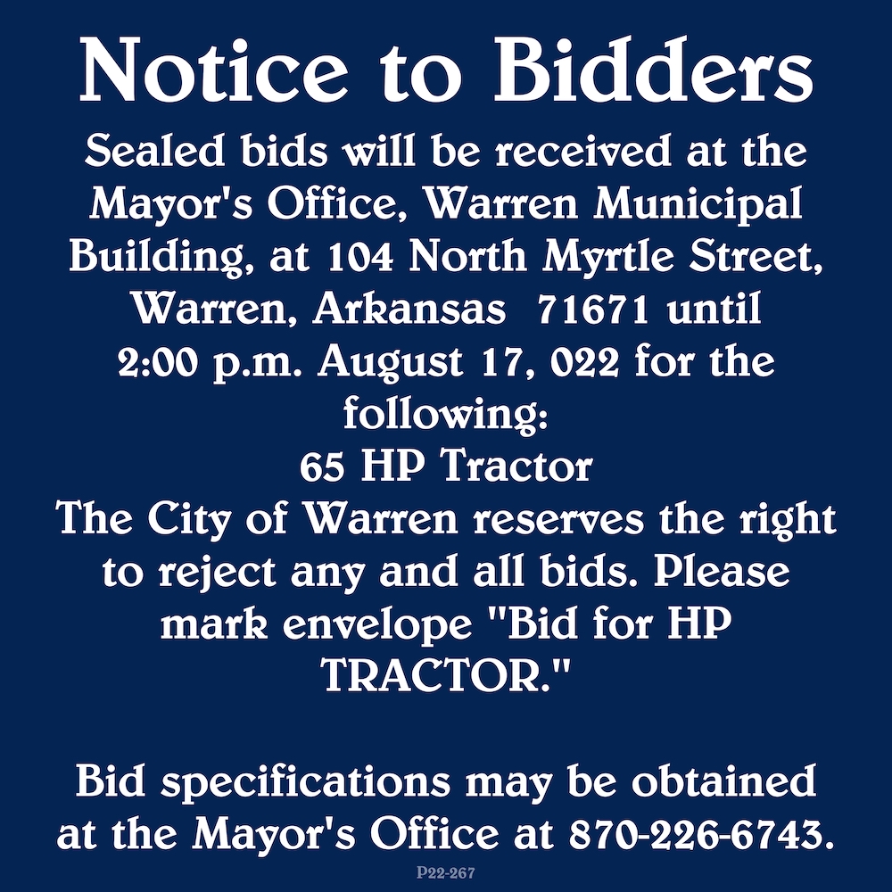 A notice to bidders for an auction of a tractor.