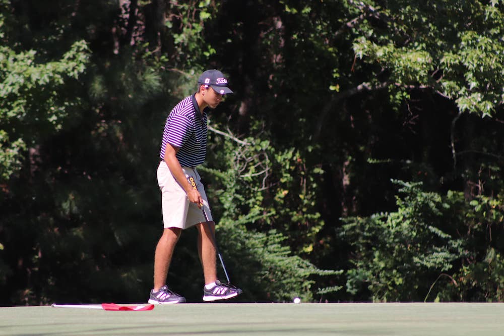 A man in purple shirt and white shorts playing golf.
