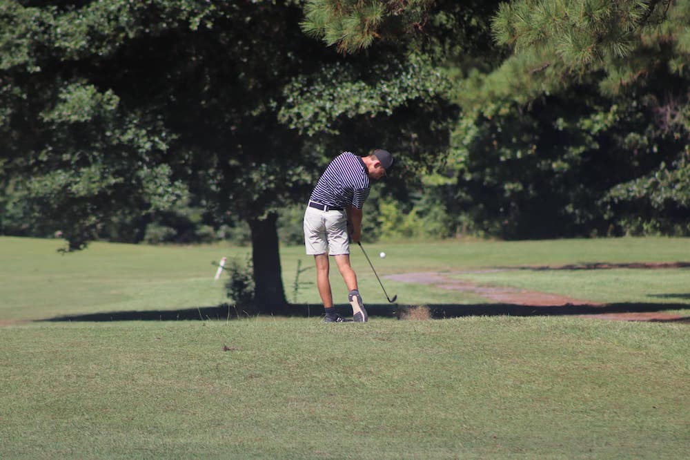 A man is playing golf on the green
