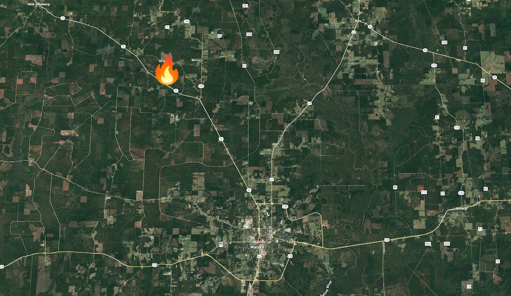 A satellite image of the fire in the woods.