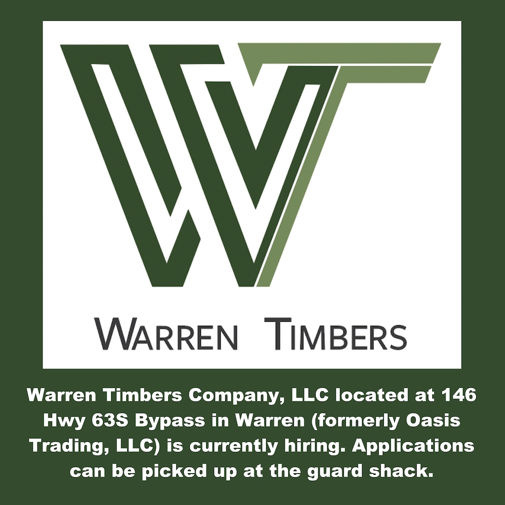 A green and white logo with the words " warren timbers company, llc located at 1 4 6 hwy 6 3 8 bypass in warren ( formerly
