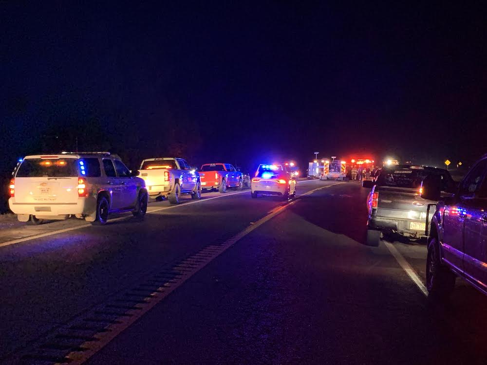 A line of police cars parked on the side of a road.