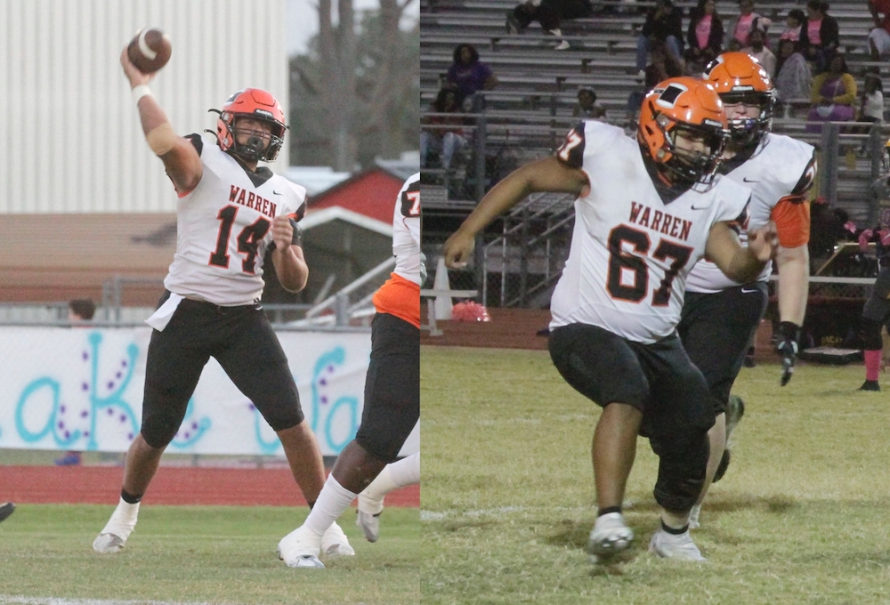 Two pictures of a football player throwing the ball.