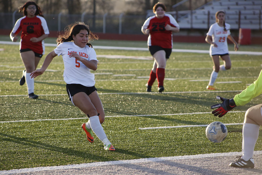 A group of girls playing soccer on the field.
