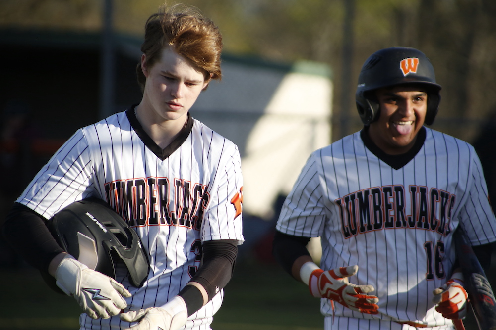 Two baseball players are standing on a field.