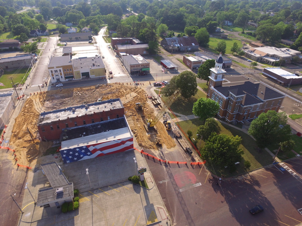 An aerial view of a building under construction.
