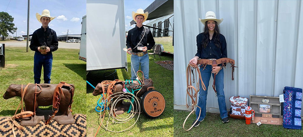 A man and woman holding horse ropes in their hands.