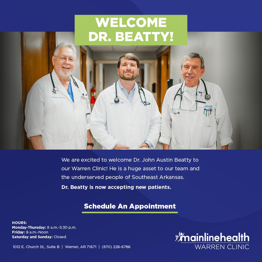 A poster with three doctors in front of a blue wall.