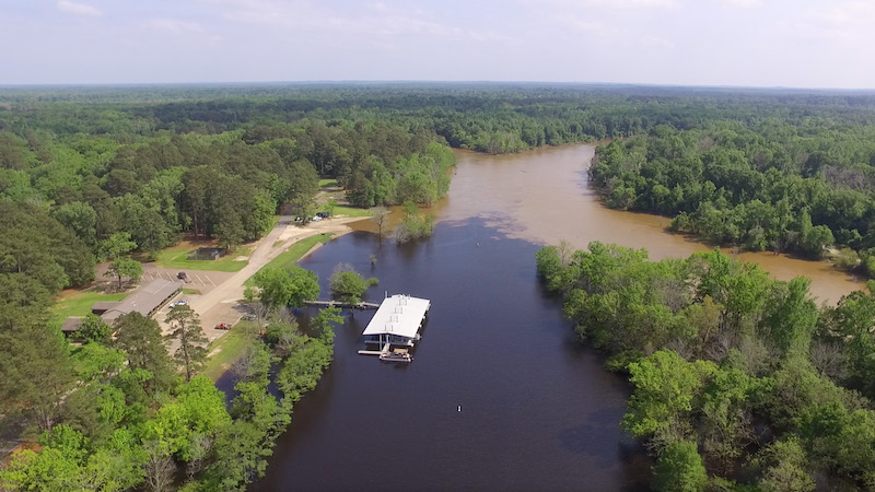 A boat floating on top of a river near trees.