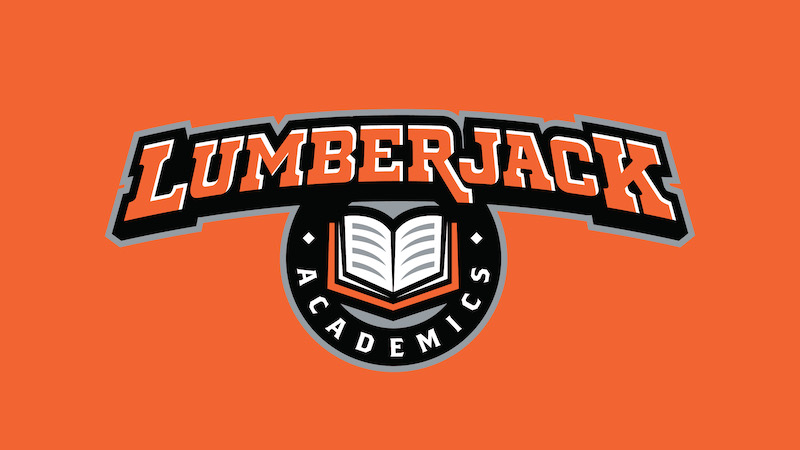 A logo for lumberjack academics with an open book.