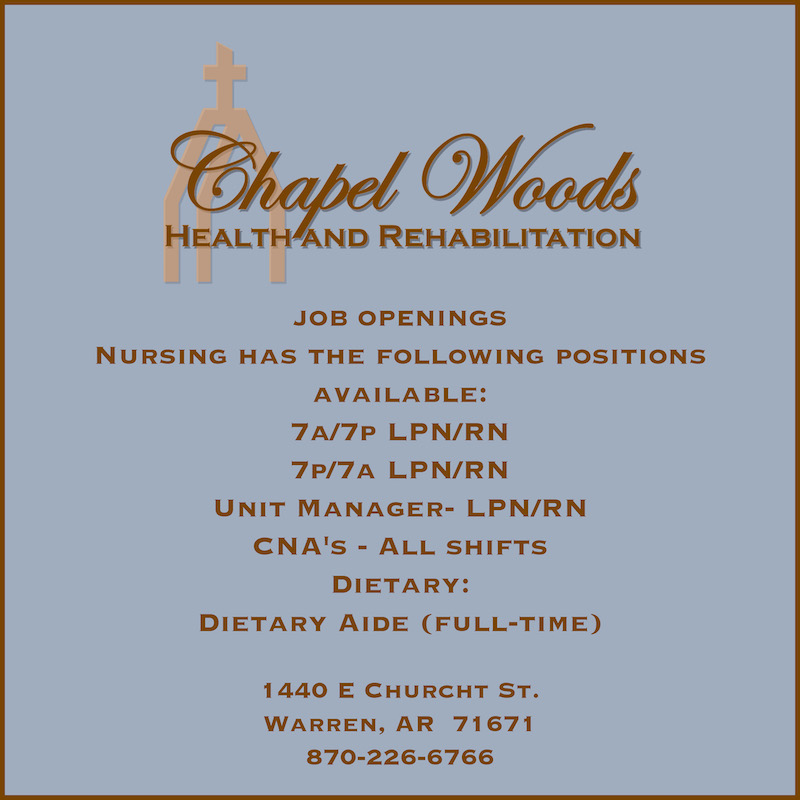 A blue and brown business card with the words chapel woods health and rehabilitation.