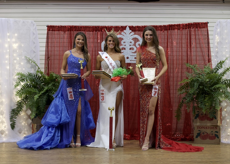 Three women in formal wear posing for a picture.