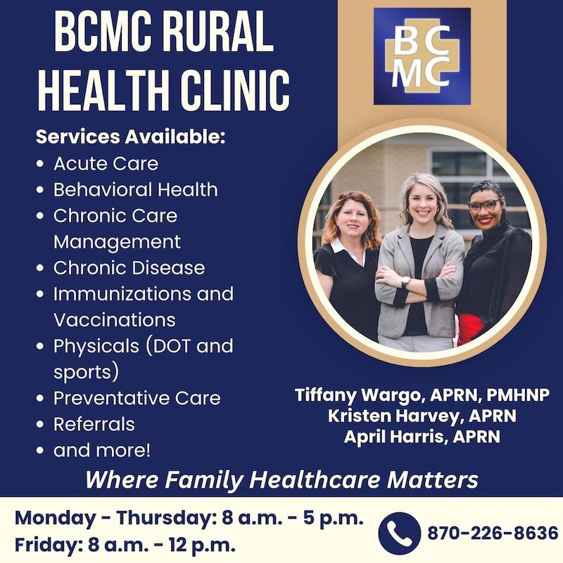 A poster with people and text that reads " bcmc rural health clinic."