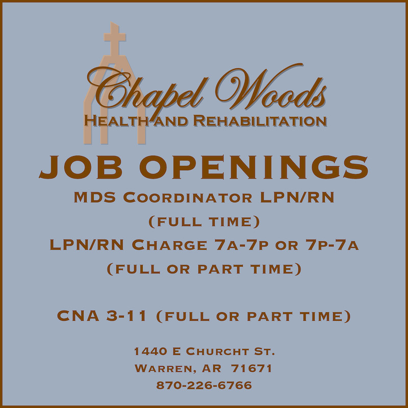 A job ad for chapel woods health and rehabilitation.