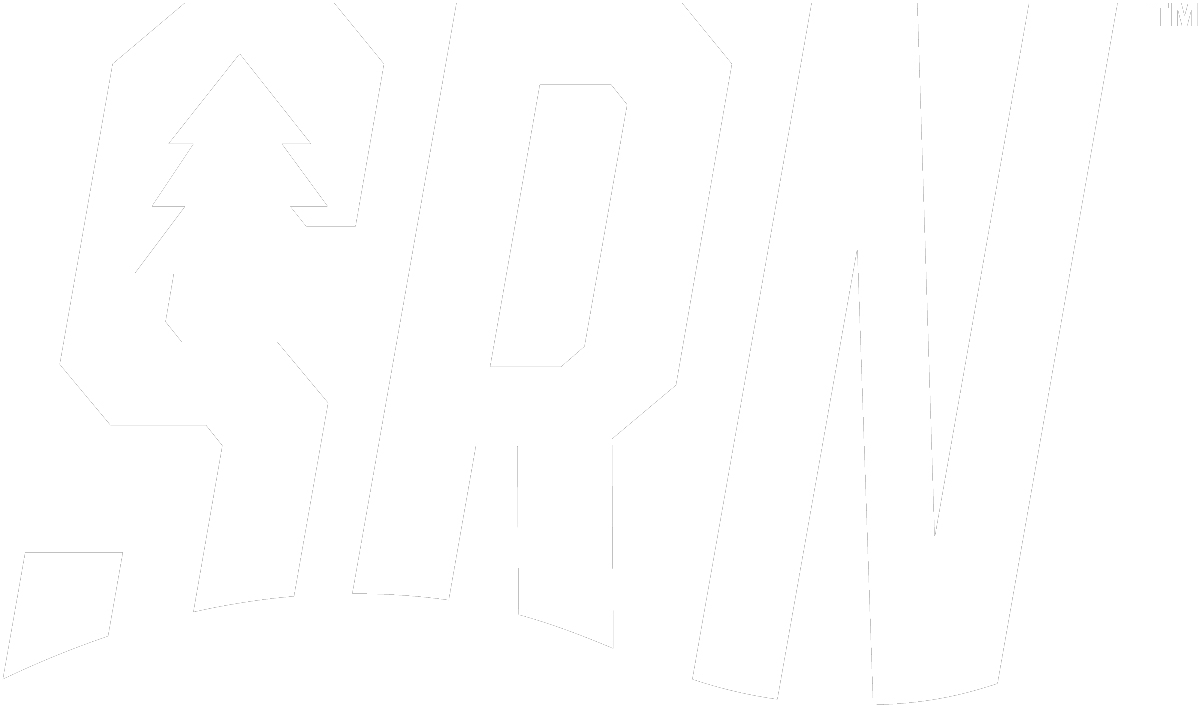 A black and white image of the word srn.