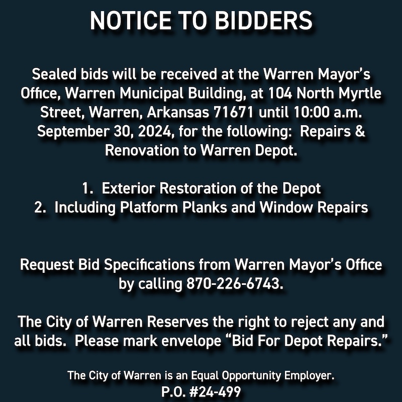 A notice to bidders for the warren depot.