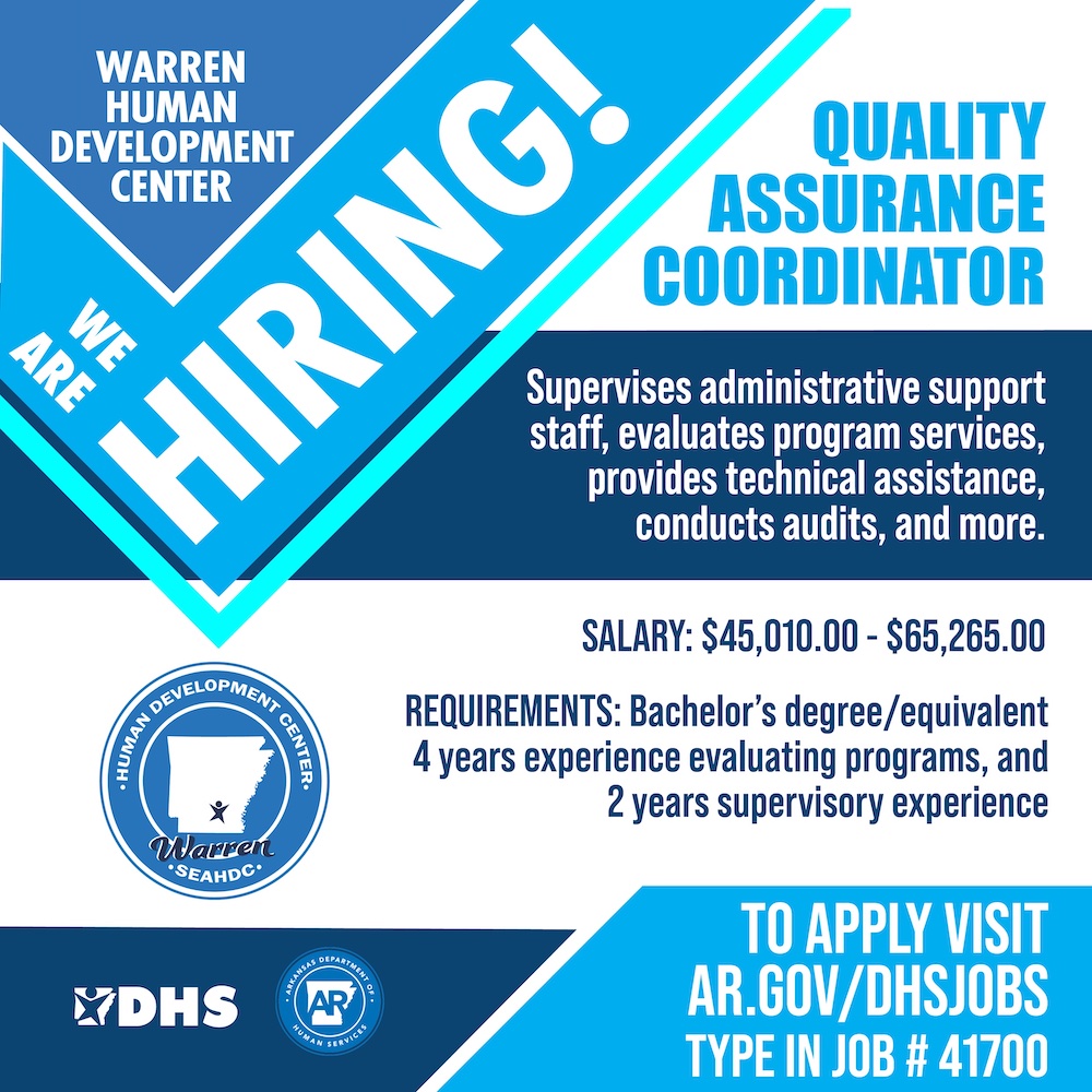 A blue and white poster with the words " we are hiring !"