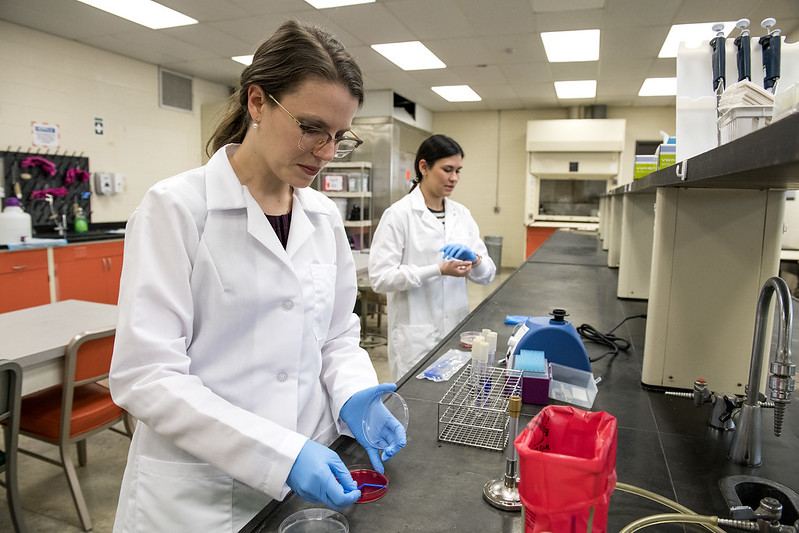 Two women in lab coats and gloves working on a project.