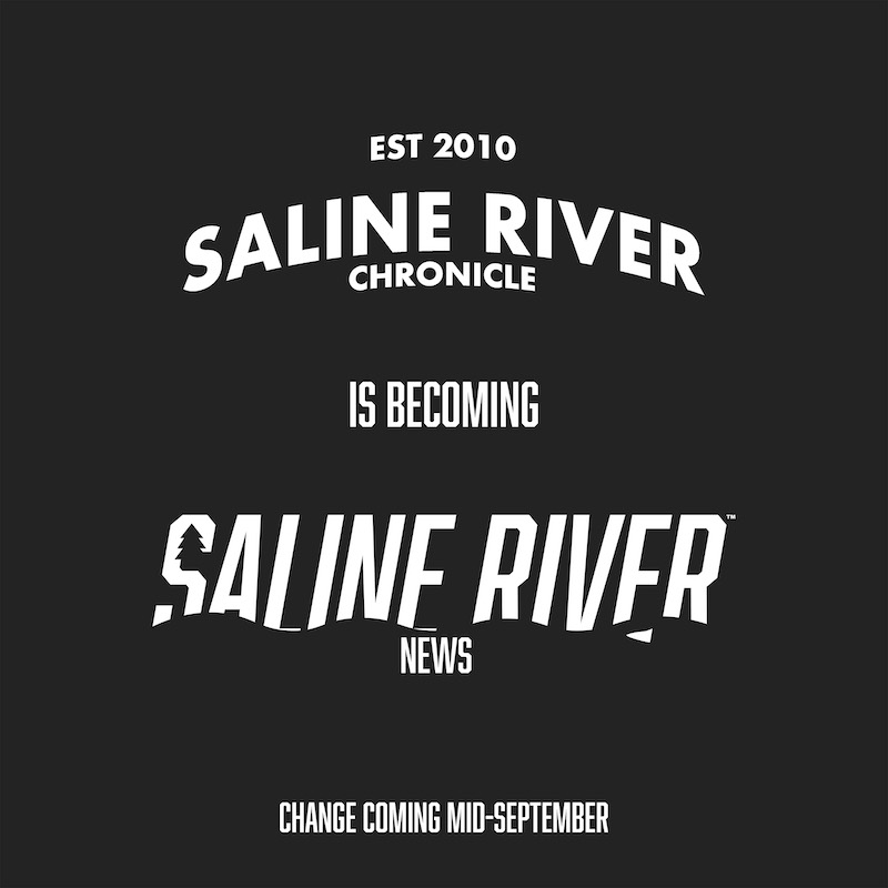 A black and white image of the logo for saline river chronicle.