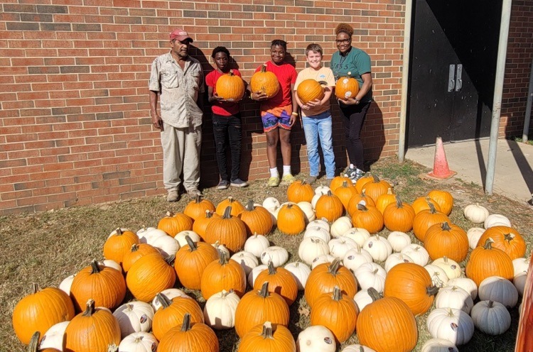 A group of people standing around pumpkins.