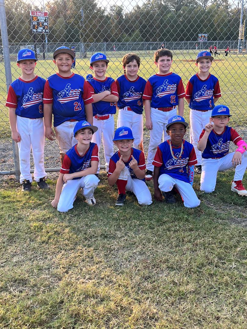 A group of young boys in blue and red baseball uniforms.