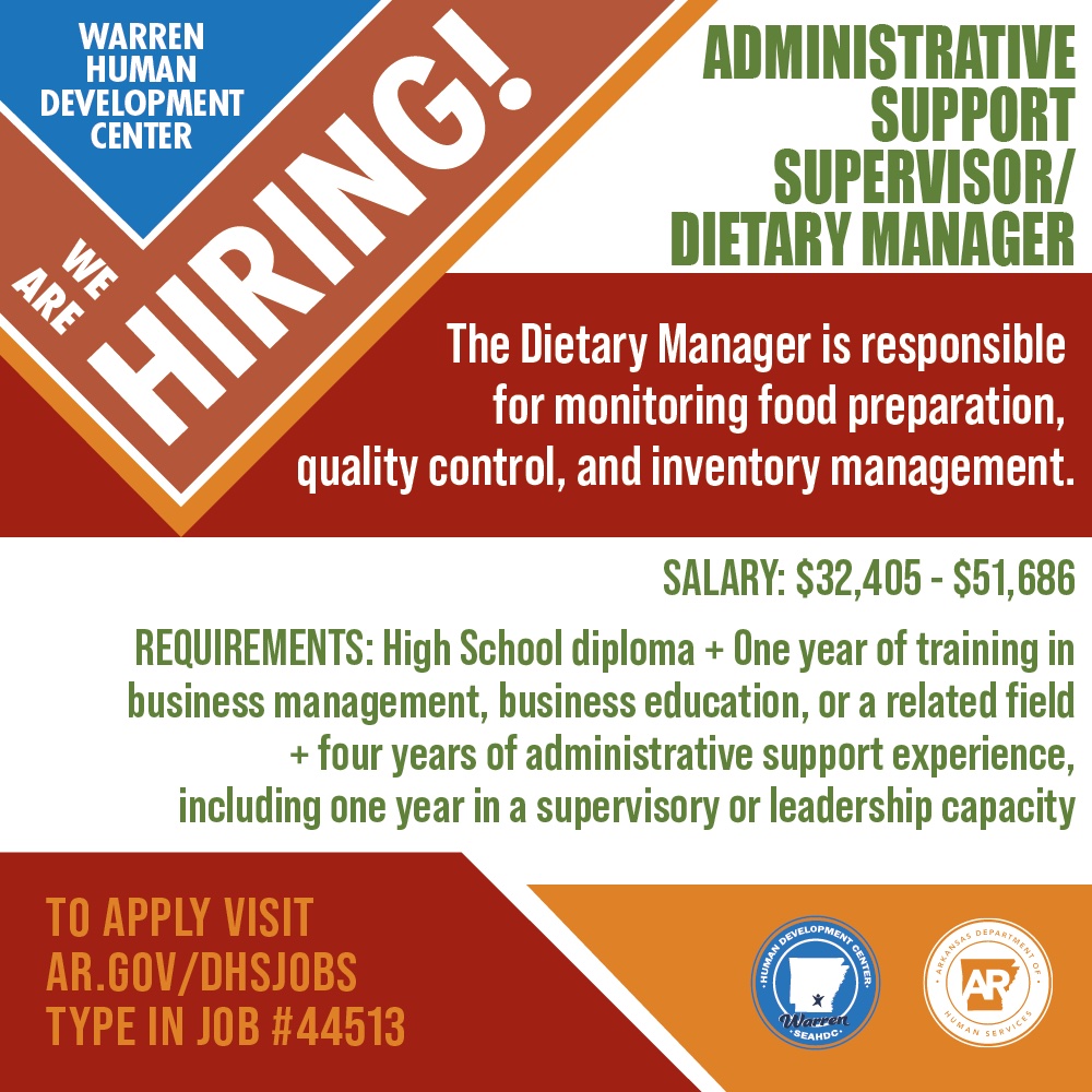 A poster advertising the hiring of a dietary manager.