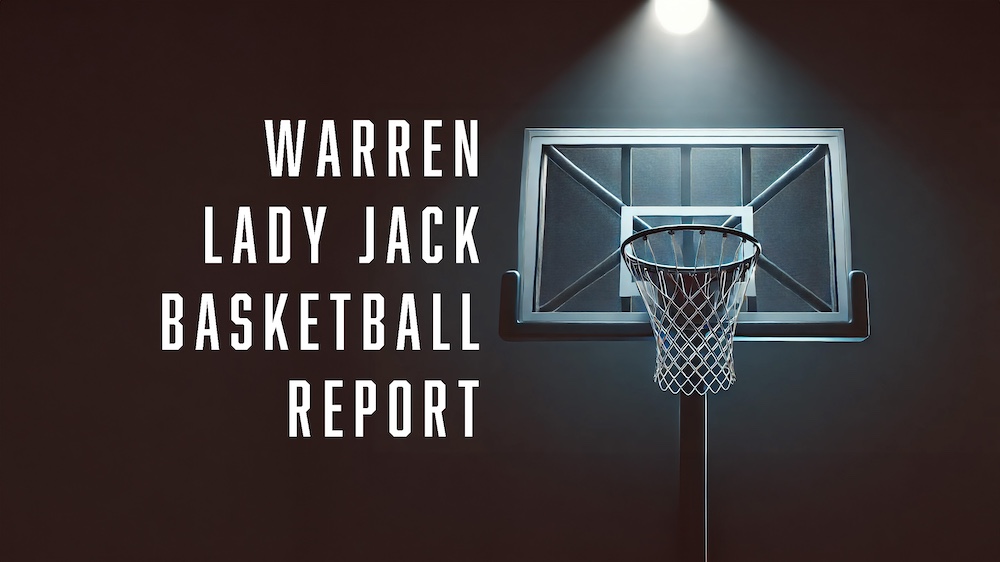 A basketball hoop with the words " warren lady jack basketball report ".
