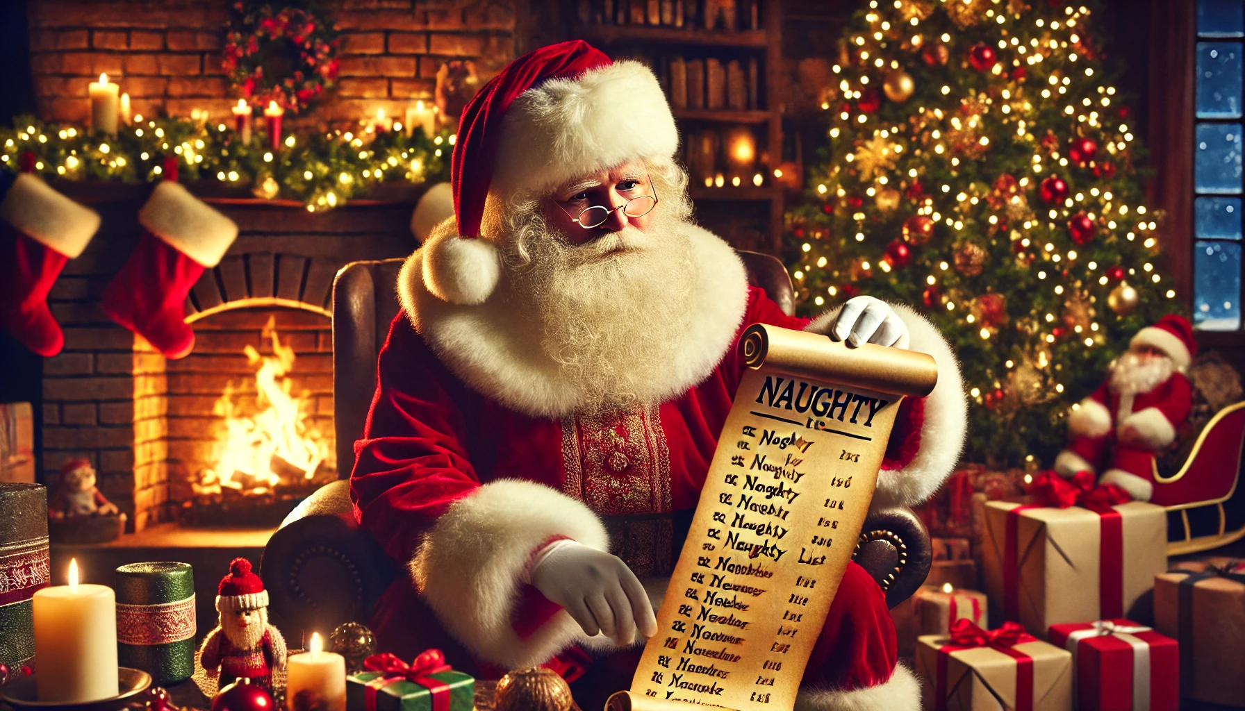 A man in santa claus costume holding a list of naughty or nice.