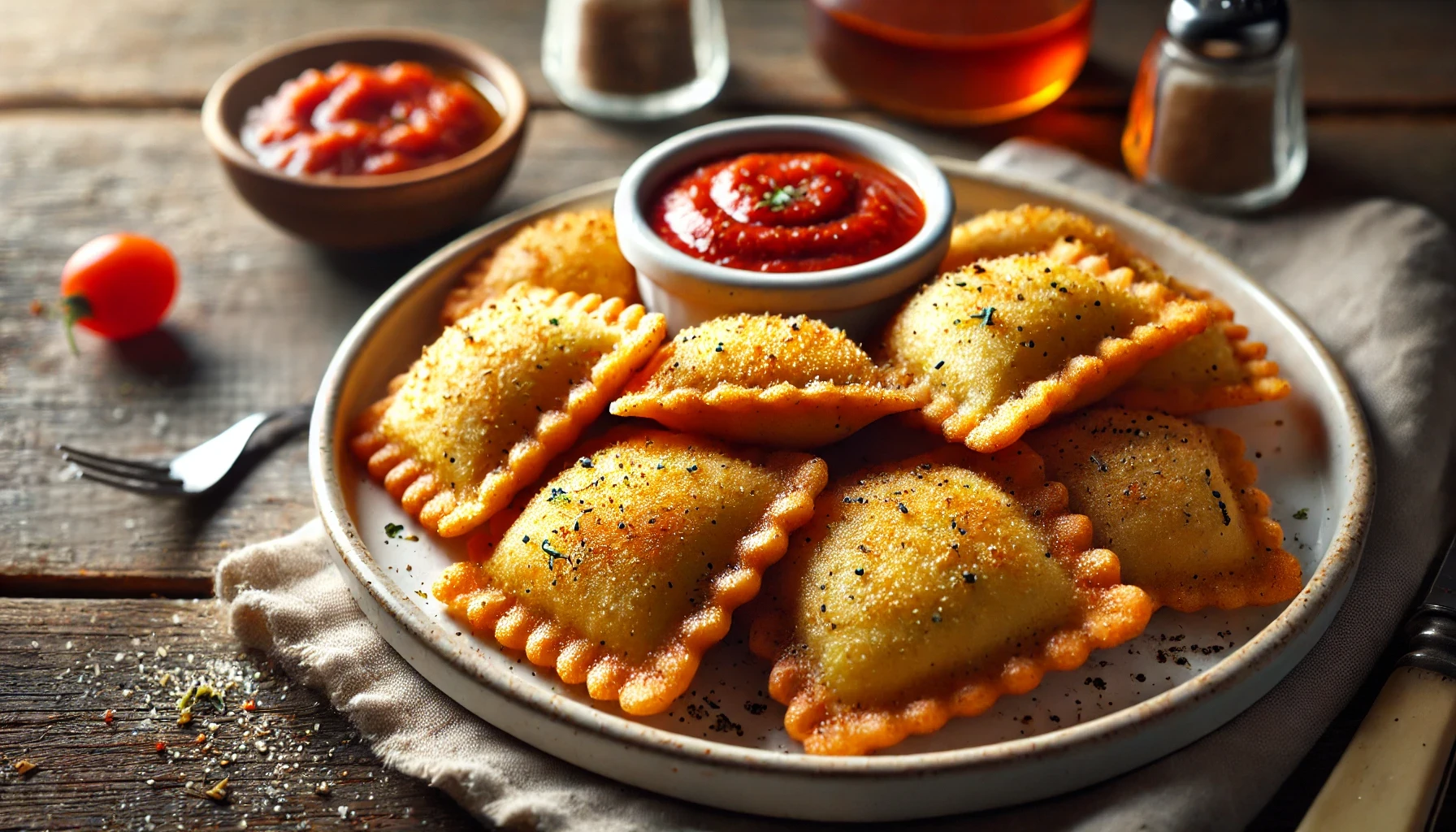 A plate of ravioli with sauce on the side.