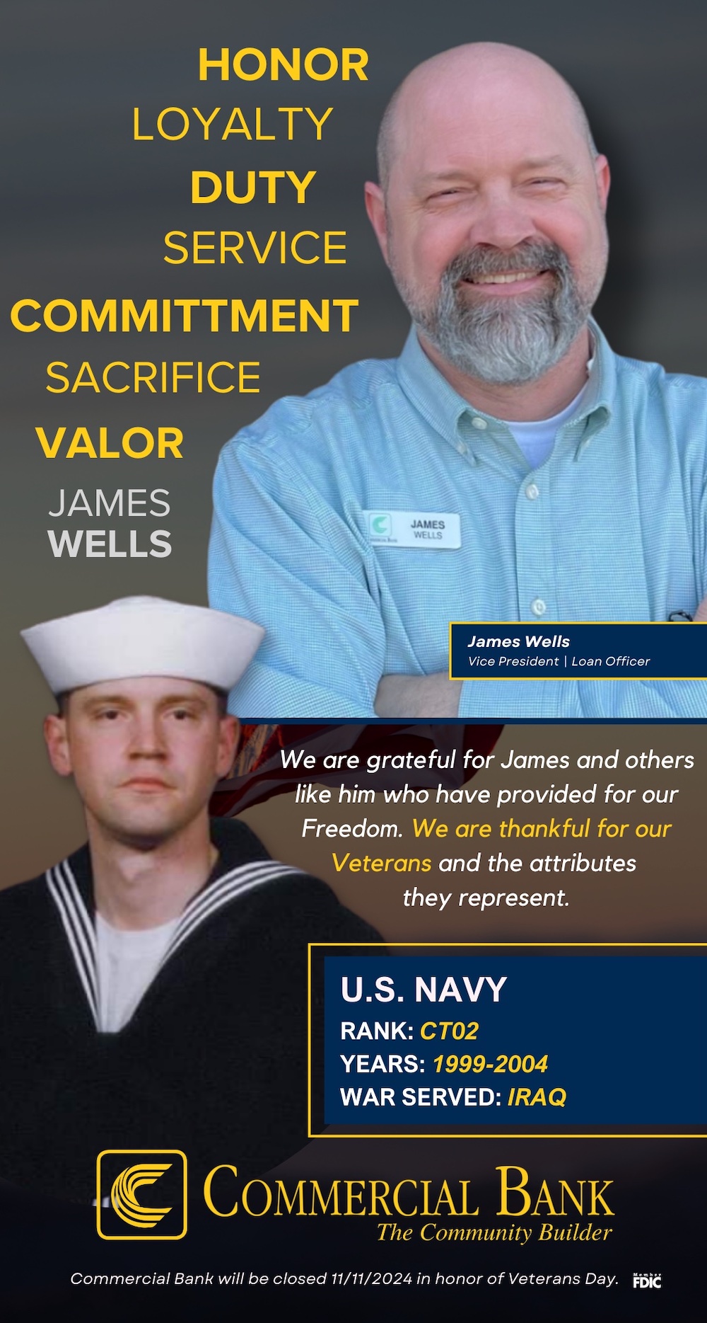 A poster of two men with the words " commitment sacrifice valor " and " james wells ".