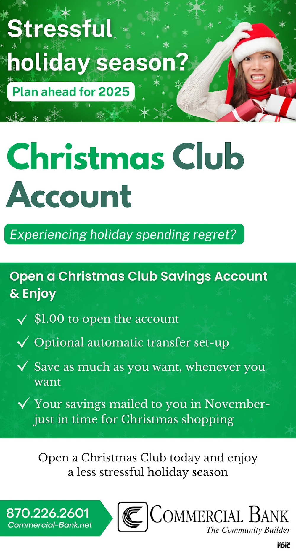 A christmas club account is open for the holidays.